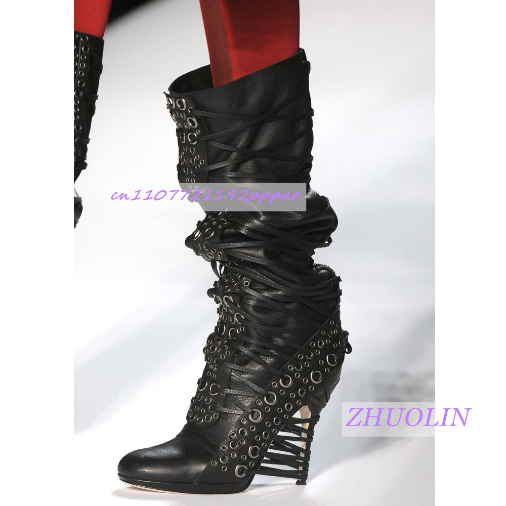 Street Fashion Runway - Luxury Handcrafted Metal Eyelet Straight Boots