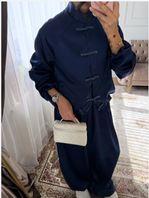 Street Fashion In Chinese - Solid Spliced Buttons Two Piece Set