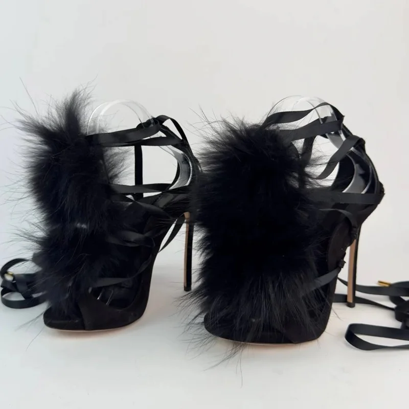 Fur Lace Up Peep Toe Hollow Ou - Street Fashion Runway review and price