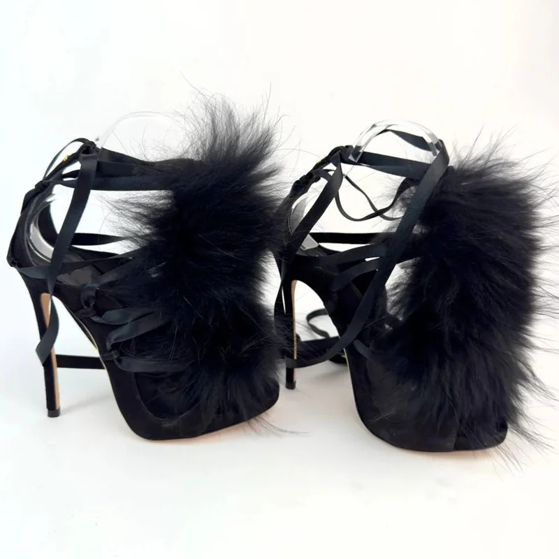 Fur Lace Up Peep Toe Hollow Ou - Street Fashion Runway review and price