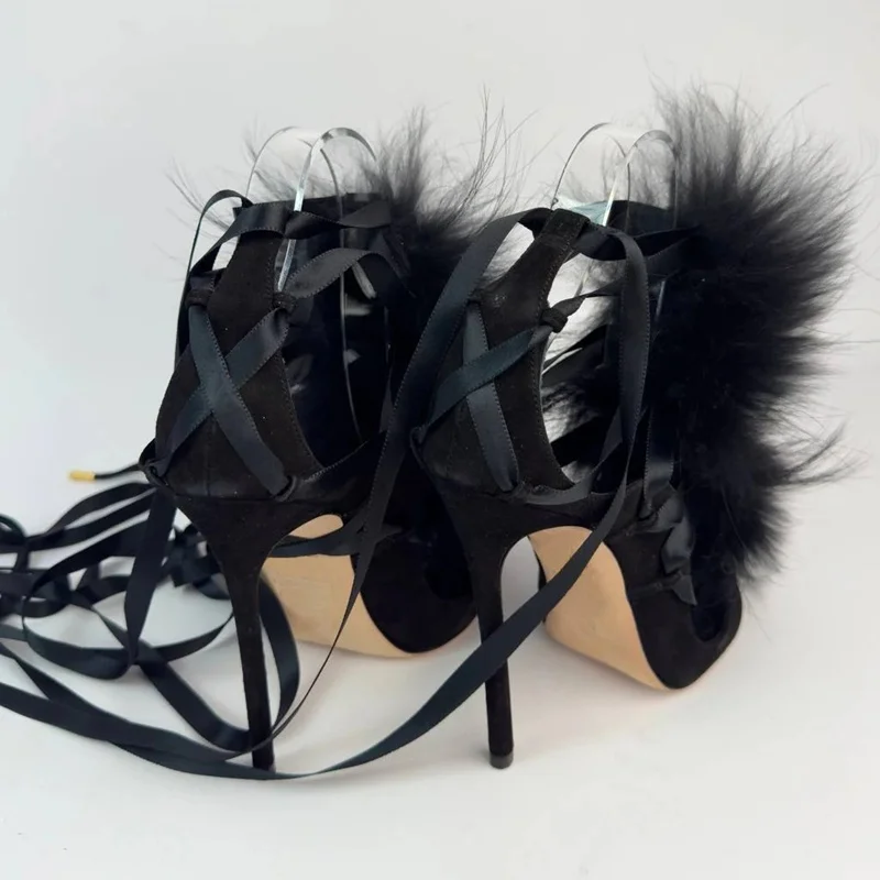 Fur Lace Up Peep Toe Hollow Ou - Street Fashion Runway review and price